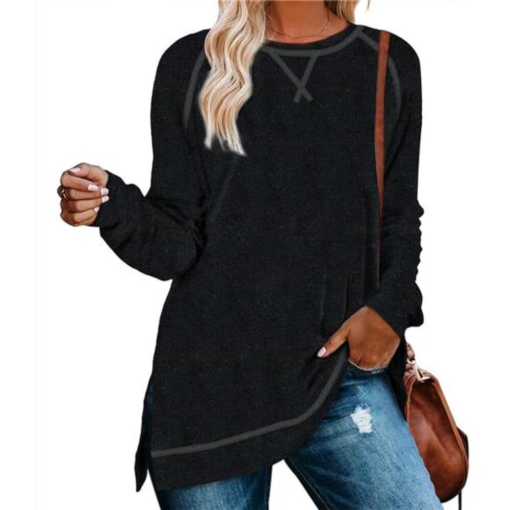 Womens Tunic Top Long Sleeve Loose Fit Shirt with Side Split for Leggings
